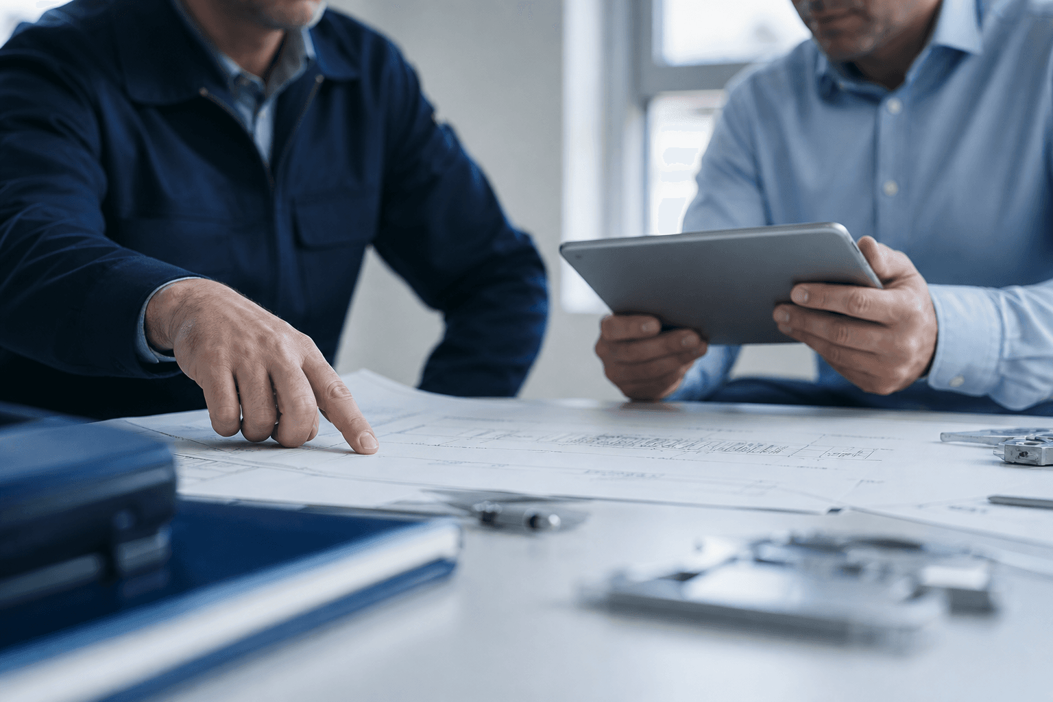 Prüfer prüfen Unterlagen und Tablet in einem modernen Prüfungsraum