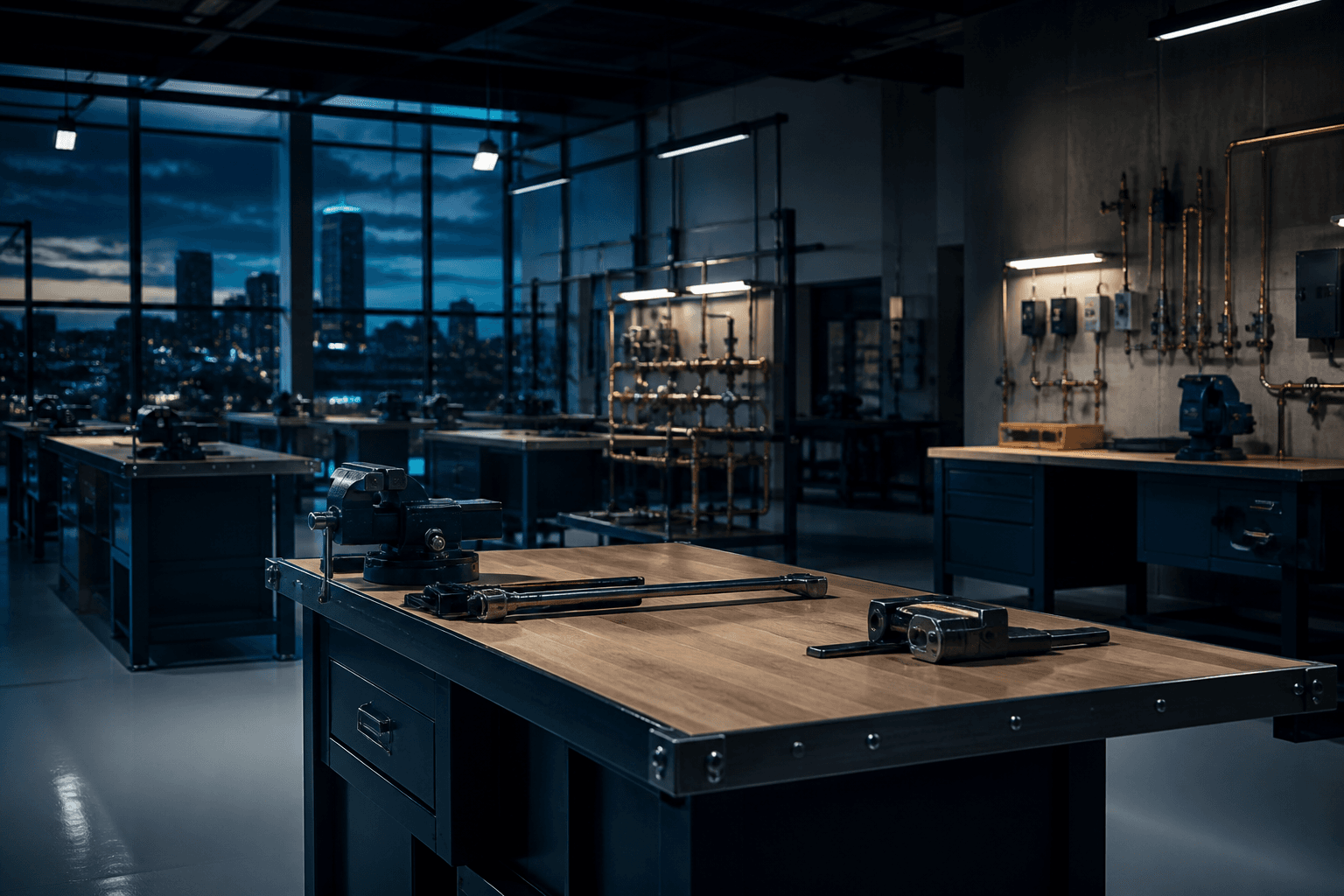 Werkstattatmosphäre: präzise Handwerkstechnik in kühlem Blaulicht